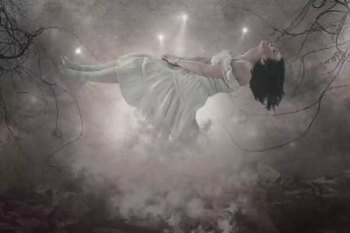 Femme en état d'hypnose dans un paysage de nuages et d'arbres
