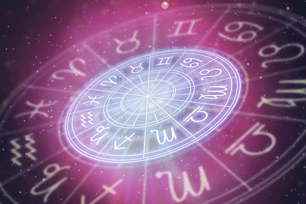 Les 12 signes du zodiaque dans deux cercles inclinés entourés de bleu et blanc et avec un fond étoilé