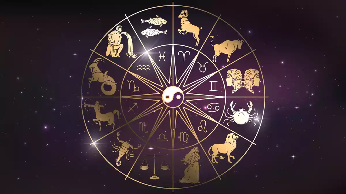 Les 12 signes du zodiaque dans un cercle avec leurs figures représentatives et le symbole du yin et du yang au centre