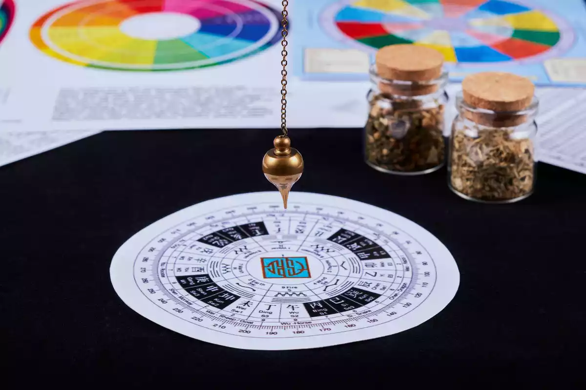 Un pendule sur un tapis noir et blanc