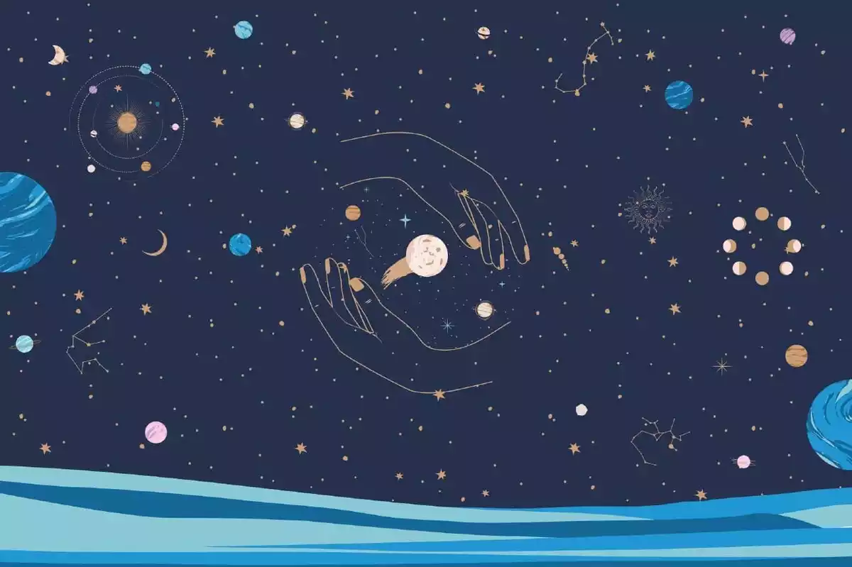 Dessin de l’espace avec les planètes et des mains entourant la lune