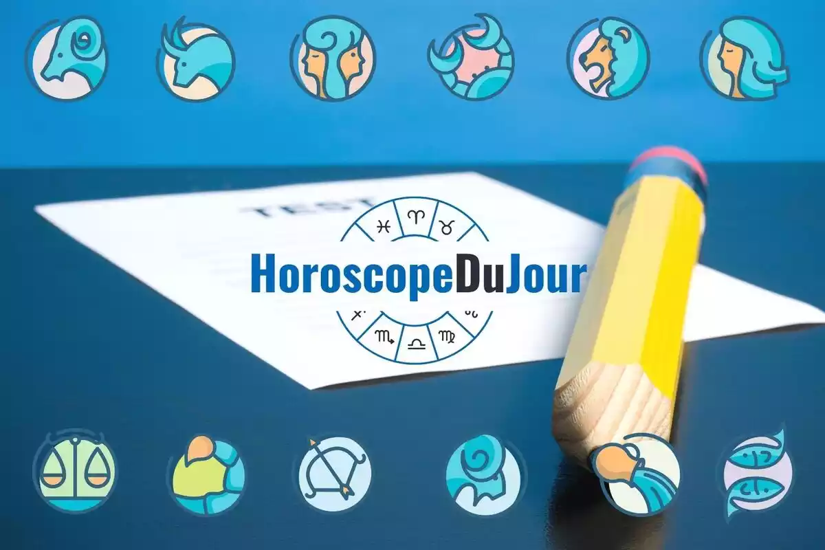 Fond bleu avec un papier et un crayon et le logo de l'Horoscope du jour avec les 12 signes