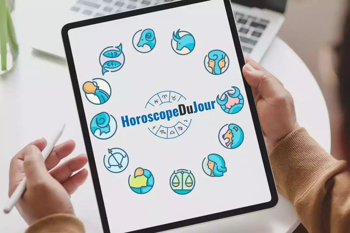 Image d'une tablette avec le logo de l'Horoscope du Jour et les 12 signes qui l'entourent.