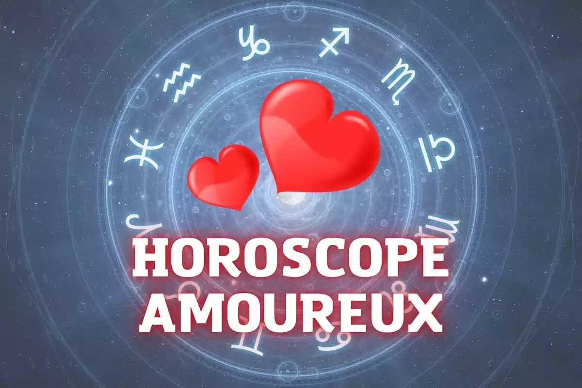 Image d'une roue avec les signes du zodiaque et deux cœurs au milieu, avec les mots 'Horoscope Amoureux'