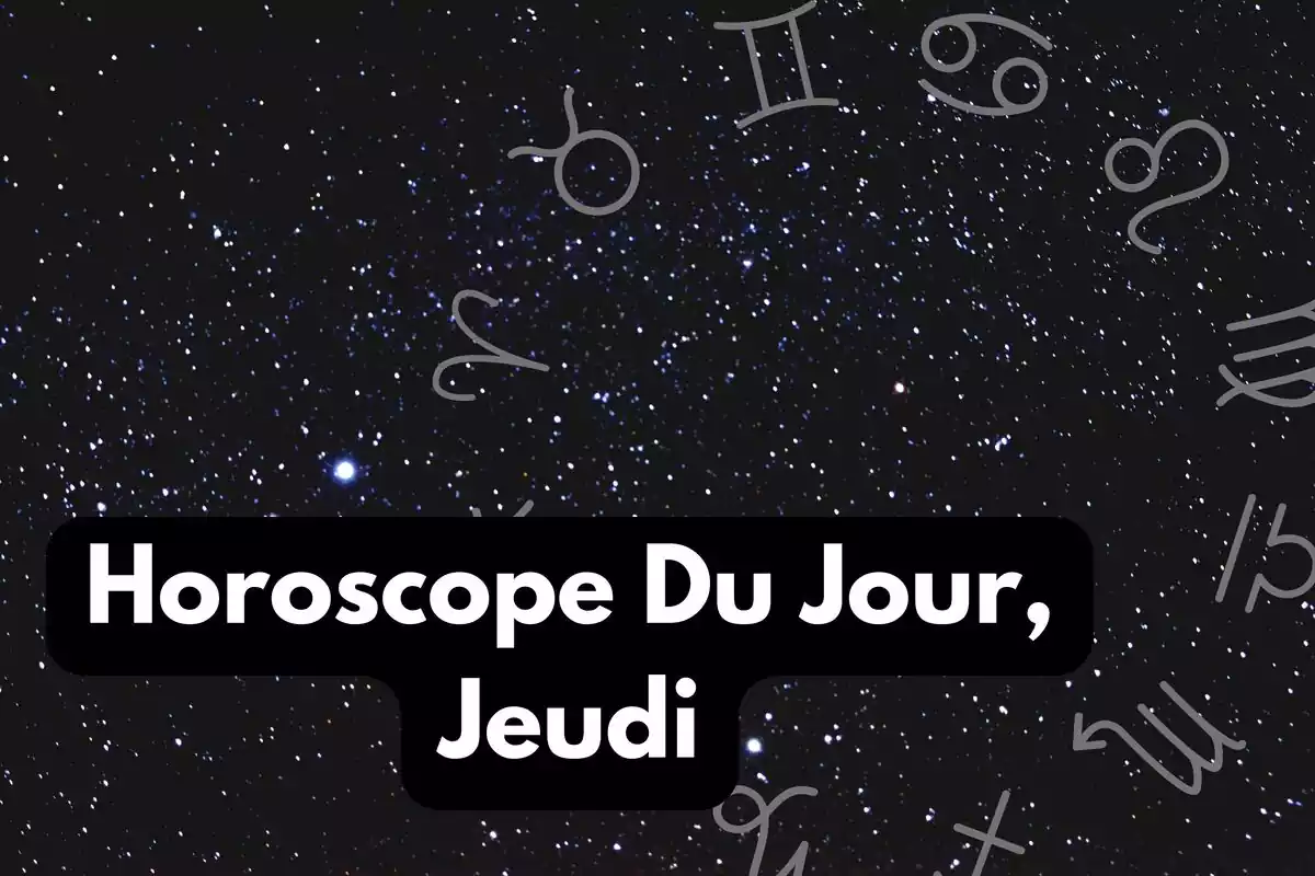 Ciel avec des étoiles et une roue du zodiaque et le lettrage ''Horoscope Du Jour Jeudi''