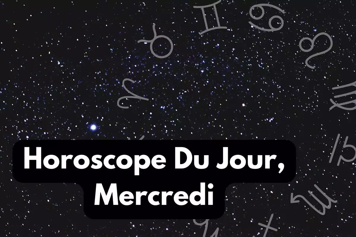 Ciel avec des étoiles et une roue du zodiaque et le lettrage '' Horoscope Du Jour Mercredi’’