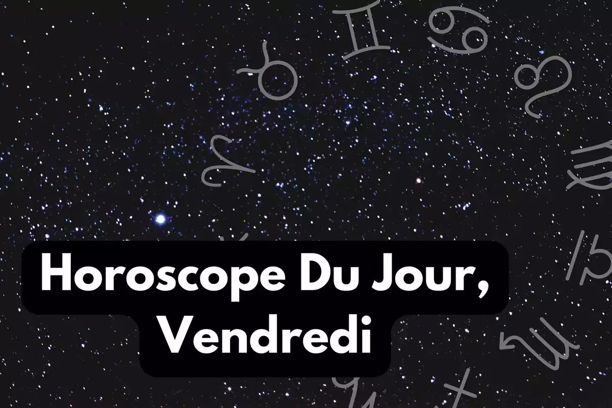 Ciel avec des étoiles et une roue du zodiaque et le lettrage '' Horoscope Du Jour Vendredi’’