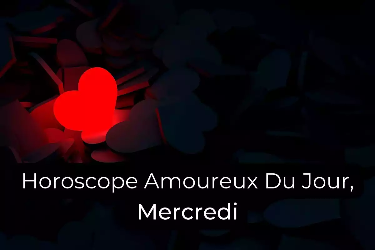 Un coeur rouge sur fond de coeurs noirs et les lettres ''Horoscope Amoureux Du Jour, Mercredi''