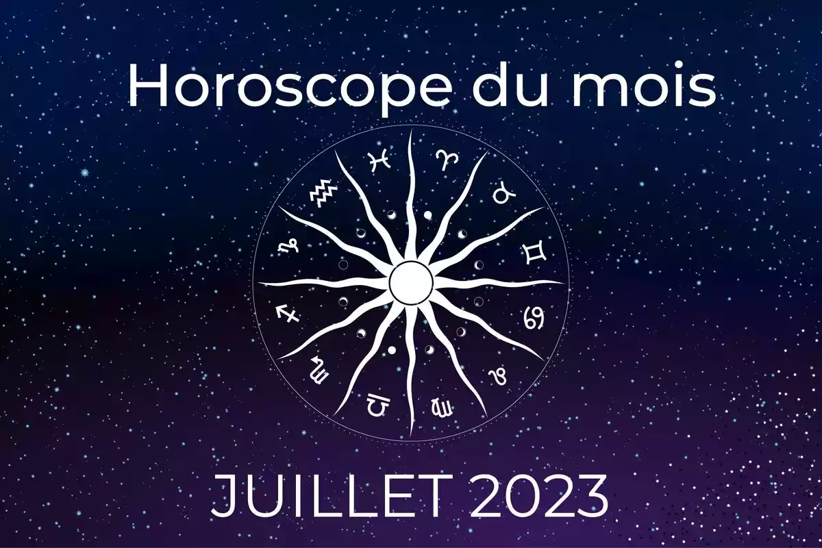 Roue zodiacale sur fond étoilé bleu et violet et les lettres ''Horoscope du Mois- Juillet 2023''