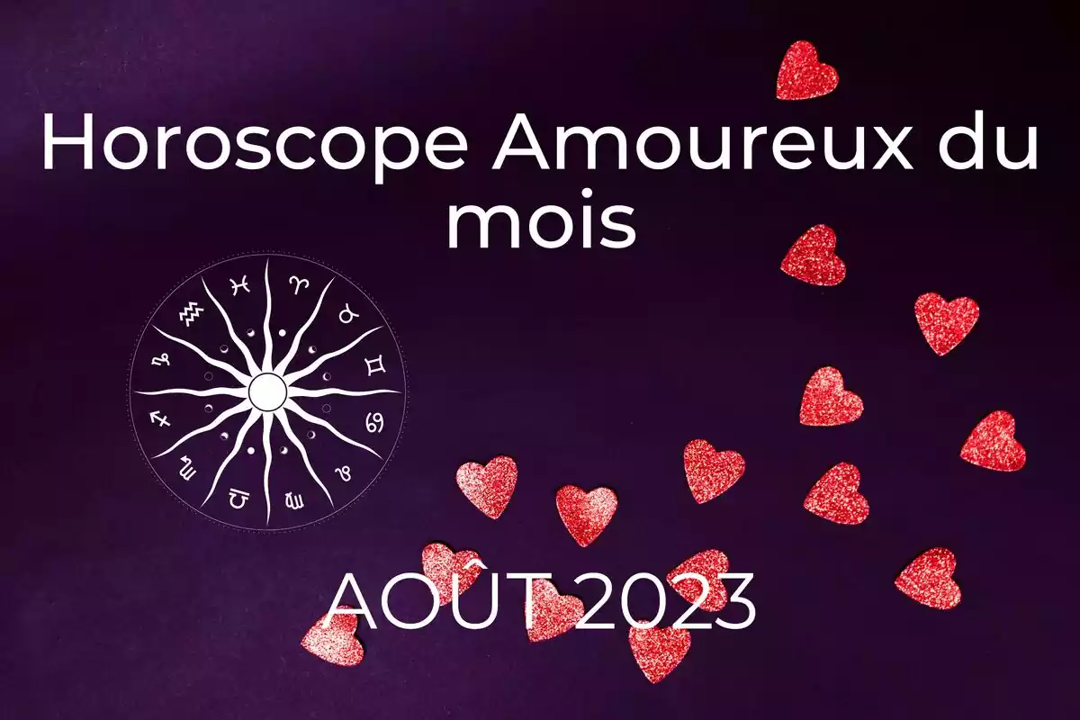 Fond violet avec des coeurs rouges, une roue du zodiaque et les lettres ''Horoscope Amoureux du mois- Aout 2023''