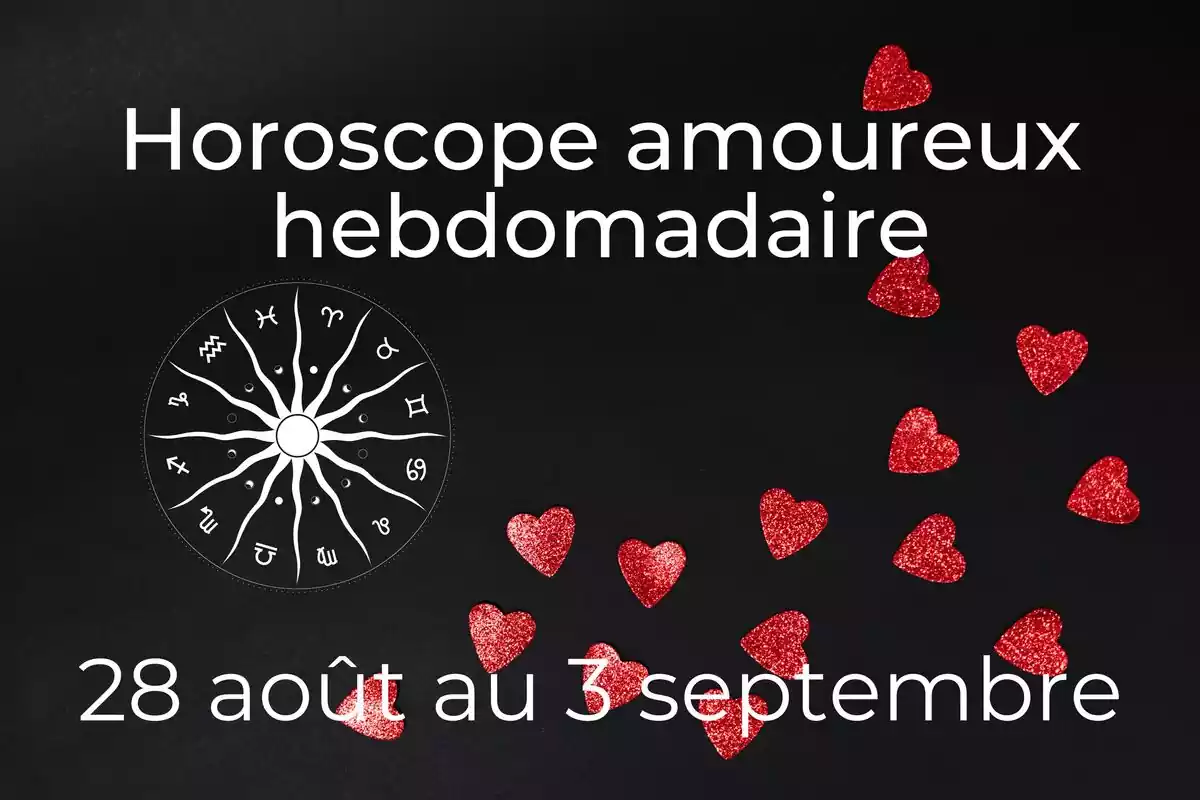 Une roue du zodiaque et coeurs rouges sur fond noir avec des étoiles et le lettrage ''Horoscope amoureux hebdomadaire du 28 aout au 6 septembre''''