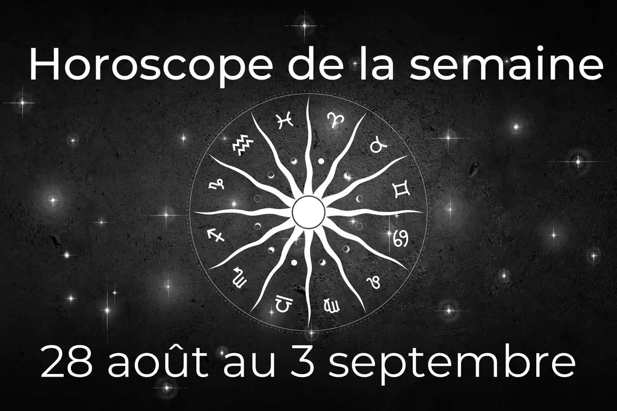 Une roue du zodiaque sur fond noir avec des étoiles et le lettrage ''Horoscope de la semaine du 28 aout au 3 septembre''