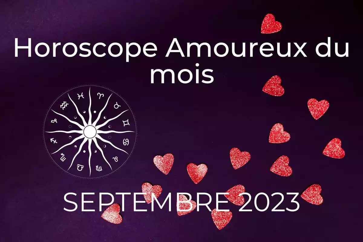 Fond violet avec des coeurs rouges, une roue du zodiaque et les lettres ''Horoscope Amoureux du mois- Septembre 2023''