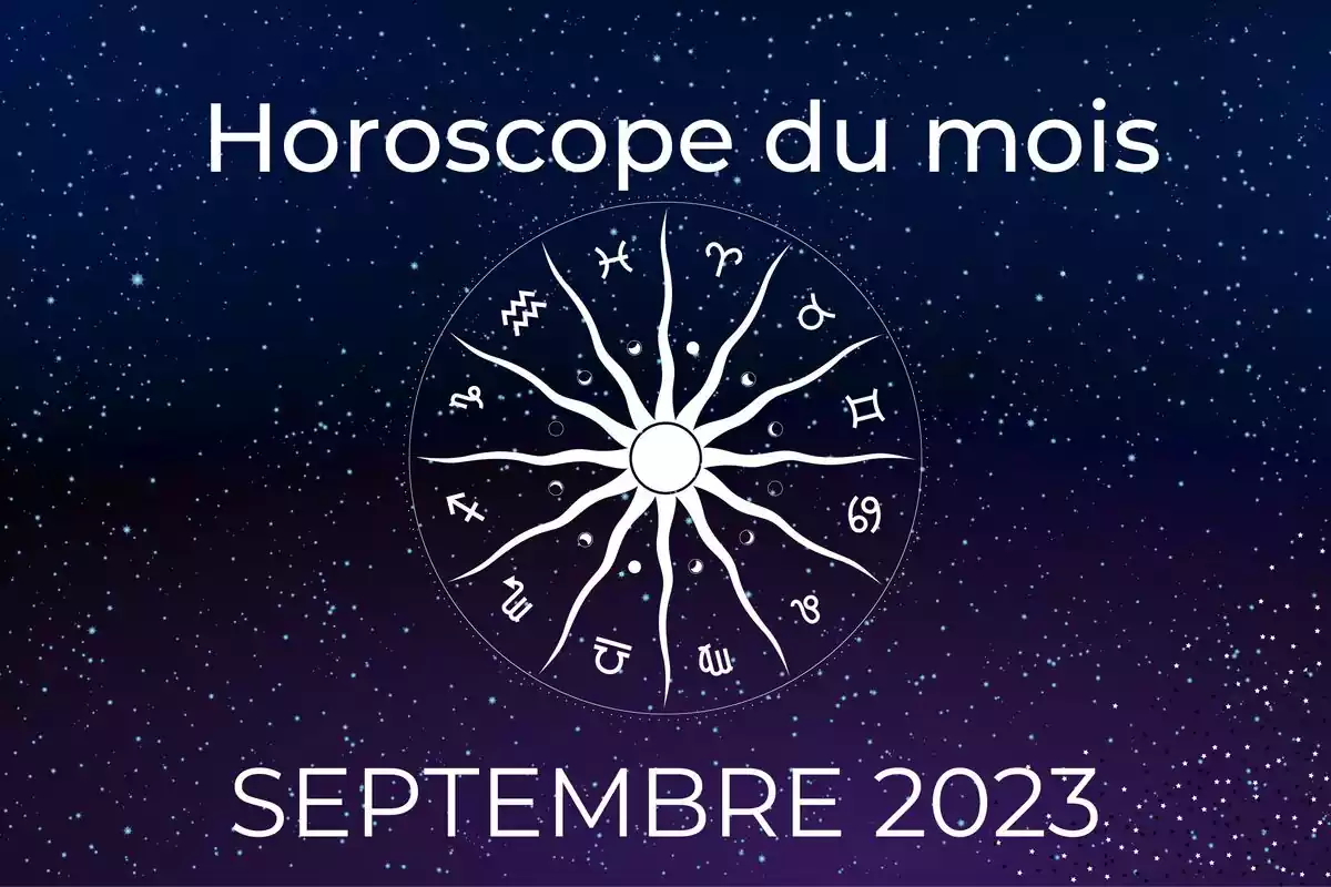Roue zodiacale sur fond étoilé bleu et violet et les lettres ''Horoscope du Mois- Septembre 2023''