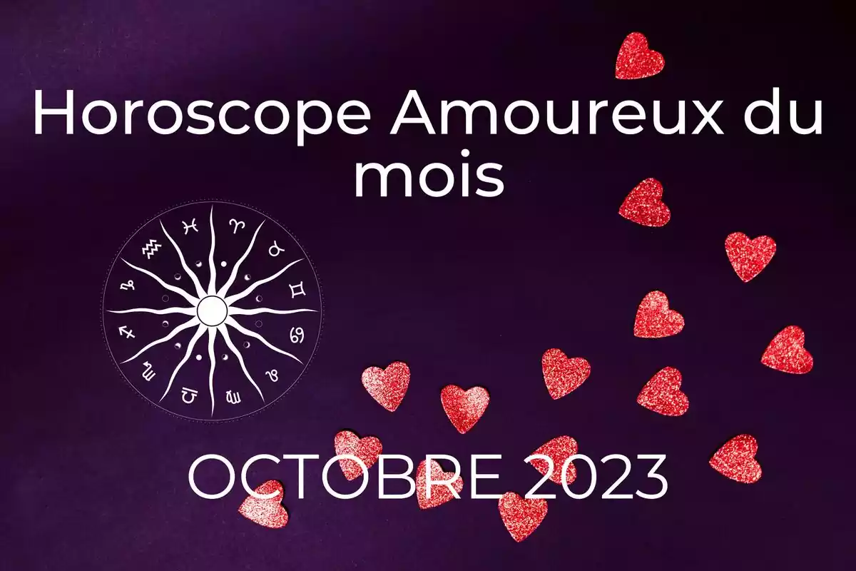 Fond violet avec des coeurs rouges, une roue du zodiaque et les lettres ''Horoscope Amoureux du mois- Octobre 2023''