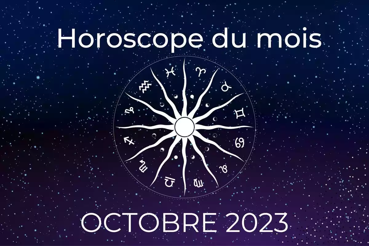 Roue zodiacale sur fond étoilé bleu et violet et les lettres ''Horoscope du Mois- octobre 2023''