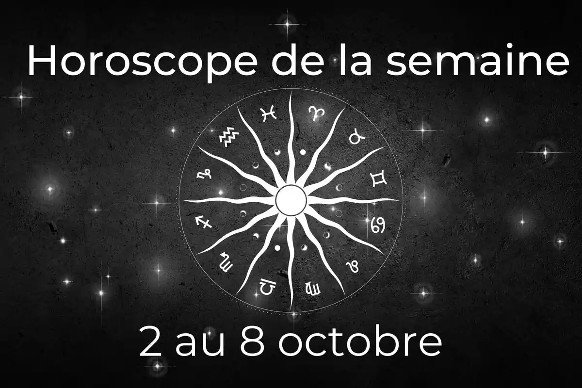 Une roue du zodiaque sur fond noir avec des étoiles et le lettrage ''Horoscope de la semaine du 2 au 8 octobre''