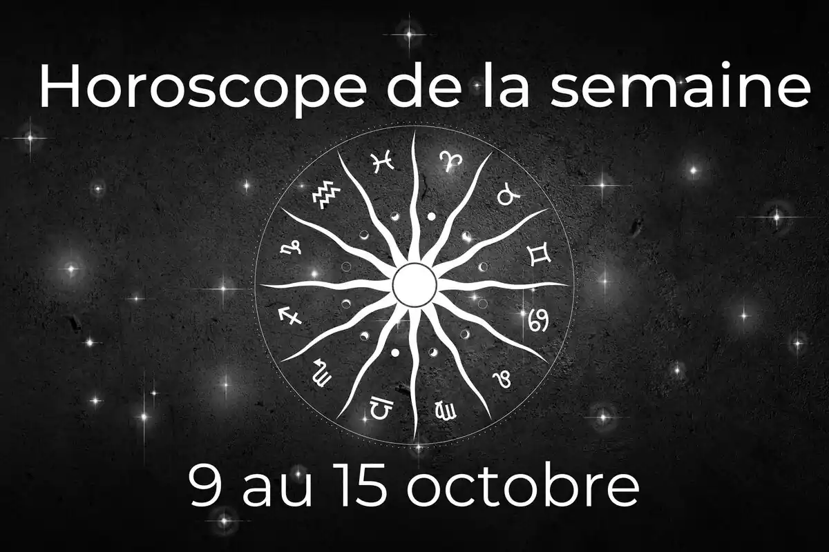 Une roue du zodiaque sur fond noir avec des étoiles et le lettrage ''Horoscope de la semaine du 9 au 15 octobre''