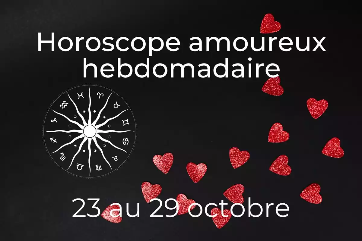 Une roue du zodiaque et coeurs rouges sur fond noir avec des étoiles et le lettrage ''Horoscope amoureux hebdomadaire du 23 au 29 octobre''