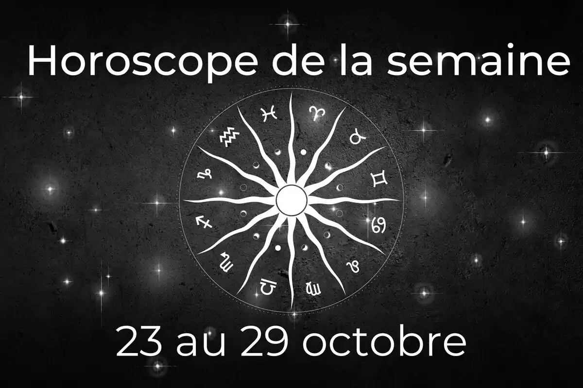 Une roue du zodiaque sur fond noir avec des étoiles et le lettrage ''Horoscope de la semaine du 23 au 29 octobre''