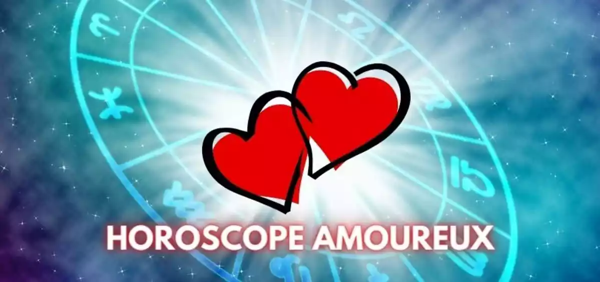 Une roue avec le symbole représentant chaque signe du zodiaque et deux cœurs au centre avec les mots 'Horoscope Amoureux'